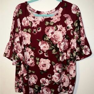 Sweet Pea Burgundy Floral Blouse Short Sleeve with bell detail
